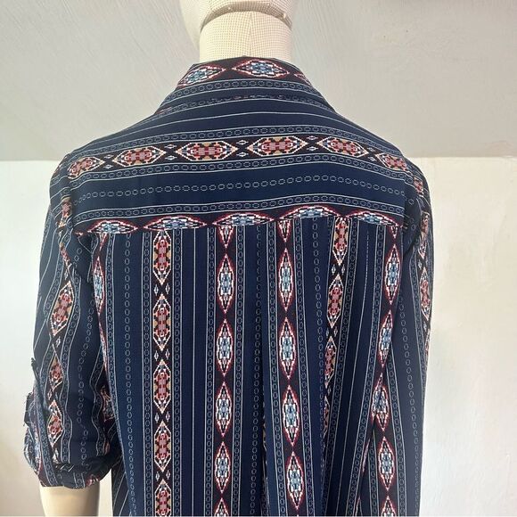 Entro Navy Blue Southwestern Pattern Shirtdress with rolled up sleeves - Picture 16 of 16